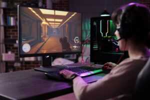 young gamer having fun with action video games competition playing online game championship caucasian woman enjoying rpg play tournament live stream gaming modern computer